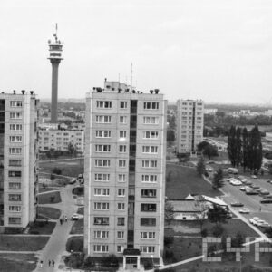 budynki z wielkiej płyty, pomiędzy nimi trawniki, obok parking z samochodami