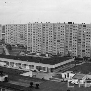 budynki z wielkiej płyty, pomiędzy nimi trawniki