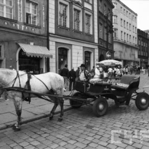 starszy mężczyzna przy dorożce zaprzężonej w konia stojący na bruku na tle kamienic 