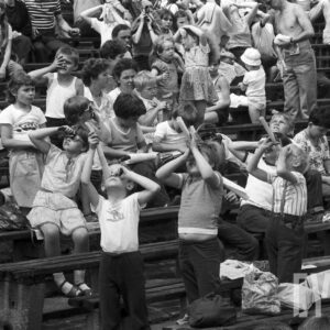 grupa dzieci na ławkach obserwująca niebo