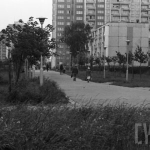 przechodnie na ścieżce wśród drzew pomiędzy budynkami mieszkalnym z wielkiej płyty