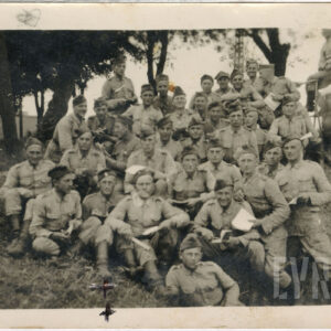 grupa młodych mężczyzn w mundurach polowych na tle drzew