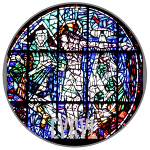 w okręgu, w centrum ukrzyżowany Chrystus, po jego prawej stronie Bóg Ojciec, po jego drugiej stronie wzlatująca gołębica