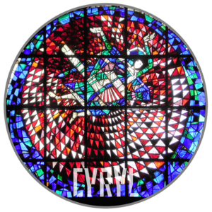 w okręgu postać anioła w ruchu, z rękami podniesionymi w górę