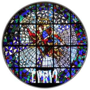 w okręgu, postać anioła podająca gołębice, nad postacią napis PAX