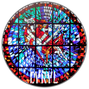 w okręgu postać anioła w ruchu, z rękami podniesionymi w górę