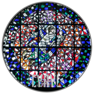 w okręgu postać anioła, trzymającego na rękach dziecko