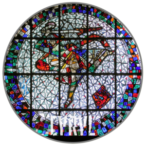 w okręgu postać archanioła w tanecznym ruchu pokonuje skulonego szatana