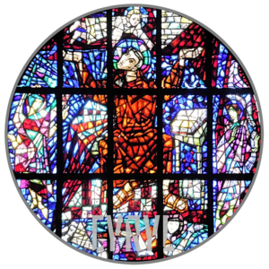 w okręgu postać świętego w pozie modlitewnej z wyciągniętymi do góry rękoma, do którego wyciąga rączki unoszące się nad nim Dzieciątko, asystują im trzy anioły, po obu stronach świętego oraz u jego stóp