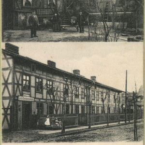 pocztówka złożona z dwóch zdjęć, górne zdjęcie: parterowy budynek w kształcie litery L, przed nim stoi dwóch mężczyzn i kobieta, dolne zdjęcie: jednopiętrowy budynek, przed nim niski, drewniany płot, z lewej grupa dzieci i mężczyzna