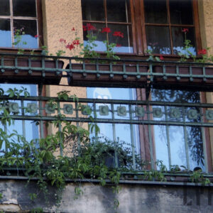 fragment balkonu z balustradą, na balustradzie korytka z kwiatami