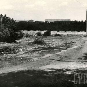 nieużytki, w głębi pasmo drzew, za nimi fragmenty bloków mieszkalnych