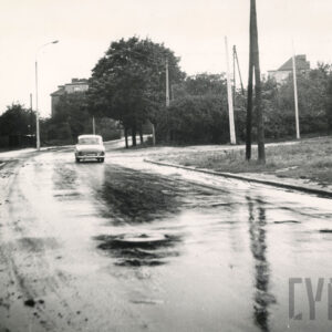 asfaltowa droga, po której jedzie samochód osobowy, dalej kępy drzew i krzaków