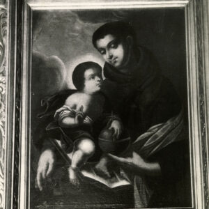 wizerunek św. Antoniego w habicie franciszkańskim trzymającego na rękach Dzieciątko Jezus, obraz w jasnym obramieniu