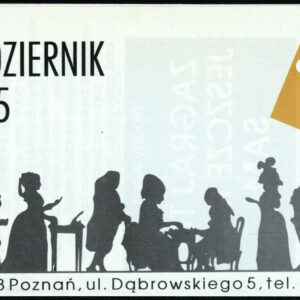 drukowany tekst z czarno-białymi fotografiami i rysunkiem, żółte logo