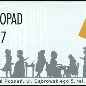 drukowany tekst z czarno-białą fotografią i rysunkiem, pomarańczowe logo