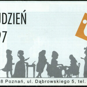 drukowany tekst z czarno-białą fotografią i rysunkiem, pomarańczowe logo