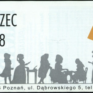 drukowany tekst z czarno-białą fotografią i rysunkiem, pomarańczowe logo