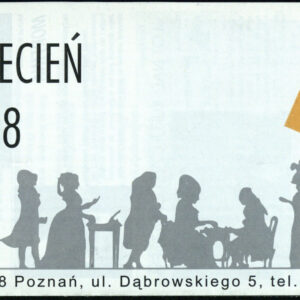 drukowany tekst z czarno-białą fotografią i rysunkiem, pomarańczowe logo