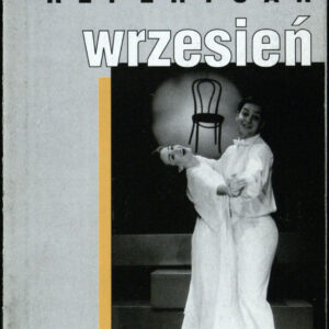 drukowany tekst z czarno-białymi fotografiami, żółte elementy graficzne