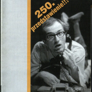 drukowany tekst z czarno-białymi fotografiami, pomarańczowe elementy graficzne