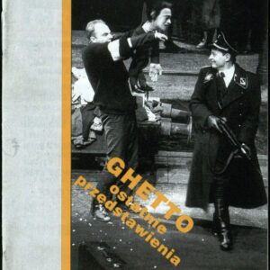 drukowany tekst z czarno-białymi fotografiami, pomarańczowe elementy graficzne