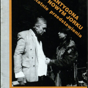 drukowany tekst z czarno-białymi fotografiami, pomarańczowe elementy graficzne