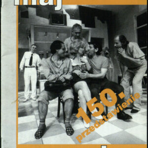 drukowany tekst z czarno-białymi fotografiami, pomarańczowe elementy graficzne