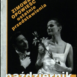 drukowany tekst z czarno-białymi fotografiami, pomarańczowe elementy graficzne