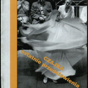 drukowany tekst z czarno-białymi fotografiami, pomarańczowe elementy graficzne