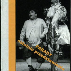 drukowany tekst z czarno-białymi fotografiami, pomarańczowe elementy graficzne