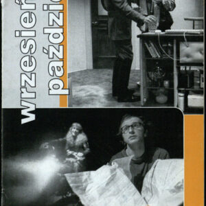 drukowany tekst z czarno-białymi fotografiami, pomarańczowe elementy graficzne