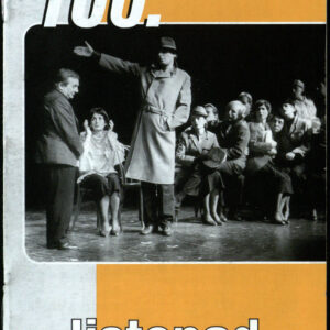 drukowany tekst z czarno-białymi fotografiami, pomarańczowe elementy graficzne