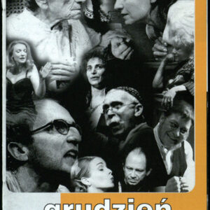 drukowany tekst z czarno-białymi fotografiami, pomarańczowe elementy graficzne