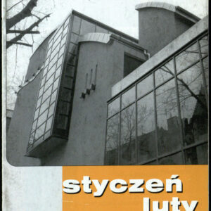 drukowany tekst z czarno-białymi fotografiami, pomarańczowe elementy graficzne