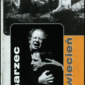 drukowany tekst z czarno-białymi fotografiami, pomarańczowe elementy graficzne