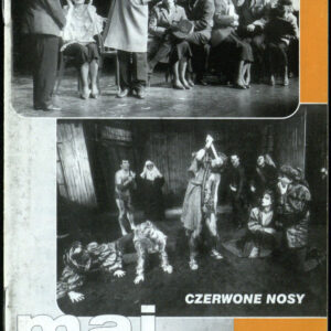 drukowany tekst z czarno-białymi fotografiami, pomarańczowe elementy graficzne