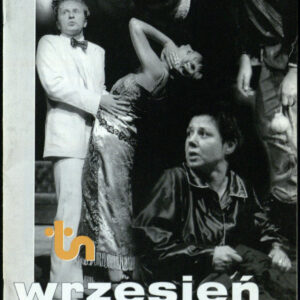 drukowany tekst z czarno-białymi fotografiami, pomarańczowe elementy graficzne