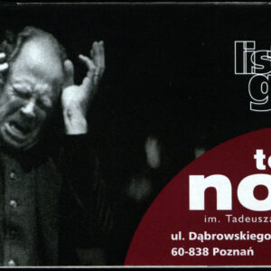 drukowany tekst z czarno-białymi fotografiami, elementy graficzne w kolorze burgund