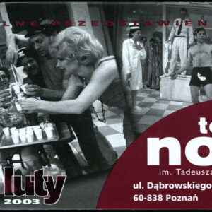 drukowany tekst z czarno-białymi fotografiami, elementy graficzne w kolorze burgund