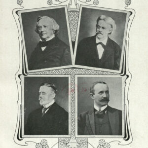 portrety czterech starszych mężczyzn na ozdobnym tle