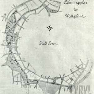 czarno-biały rysunek z planem miasta