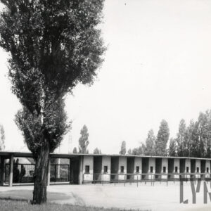 z lewej duża brama, na prawo od niej ciąg małych murowanych budek, wszystko połączone jednym dachem, przed nimi wysokie drzewo