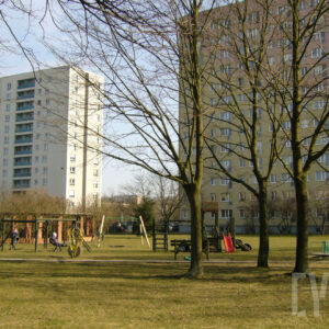 teren zielony z drzewami i placem zabaw, otoczony blokami