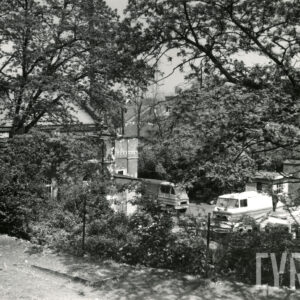 na pierwszym planie drzewa i krzewy, w głębi, niżej parking samochodowy