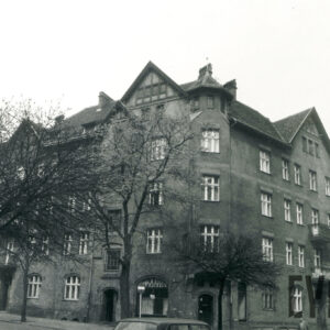 trzypiętrowa kamienica z poddaszem, przed budynkiem drzewa