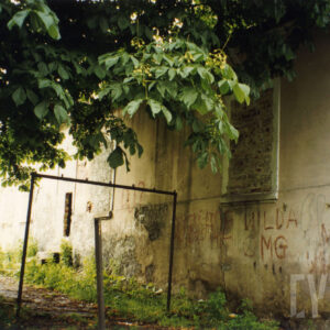 fragment elewacji budynku z zamurowanymi oknami i wejściem, na ścianach odpadający tynk, napisy, u góry zdjęcia fragment drzewa