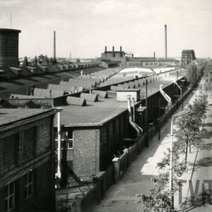 widok z lotu ptaka, brukowana ulica z torami tramwajowymi, obsadzona drzewami, z jej lewej strony hale fabryczne