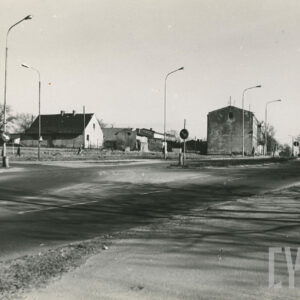 na pierwszym planie ulica asfaltowa, w głębi dwukondygnacyjne lub jednokondygnacyjne budynki mieszkalne i gospodarcze ze skośnymi dachami