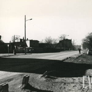 asfaltowa ulica z gruntowym poboczem, po obu stronach ulicy niska zabudowa